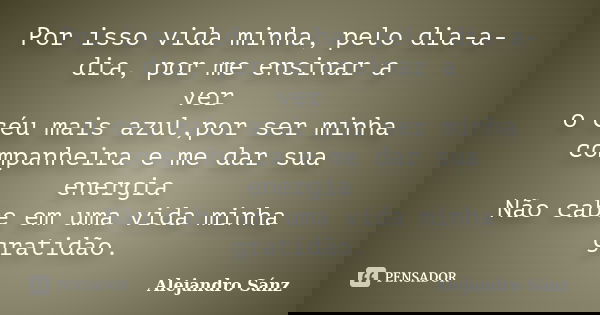 Por isso vida minha, pelo dia-a-dia, por me ensinar a ver o céu mais azul,por ser minha companheira e me dar sua energia Não cabe em uma vida minha gratidão.... Frase de Alejandro Sanz.
