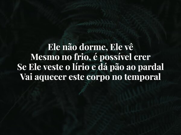 Ele não dorme, Ele vê Mesmo no frio, é possível crer Se Ele veste o lírio e dá pão ao pardal Vai aquecer este corpo no temporal... Frase de Aleo Gerez.