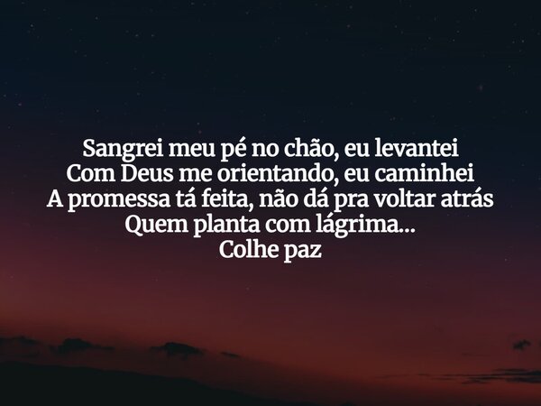 Sangrei meu pé no chão, eu levantei Com Deus me orientando, eu caminhei A promessa tá feita, não dá pra voltar atrás Quem planta com lágrima… Colhe paz... Frase de Aleo Gerez.