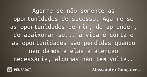 Agarre-se não somente as oportunidades de sucesso. Agarre-se as oportunidades de rir, de aprender, de apaixonar-se... a vida é curta e as oportunidades são perd... Frase de Alessandra Gonçalves.