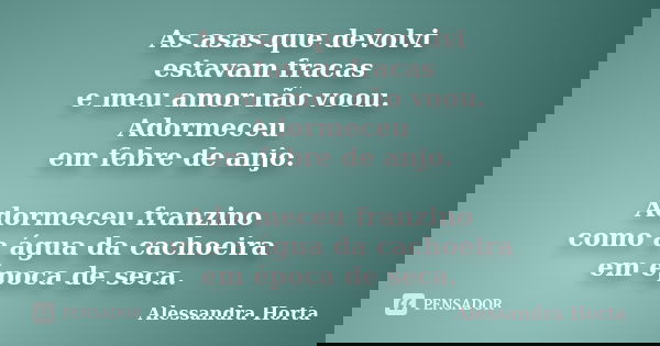 As asas que devolvi estavam fracas e meu amor não voou. Adormeceu em febre de anjo. Adormeceu franzino como a água da cachoeira em época de seca.... Frase de Alessandra Horta.