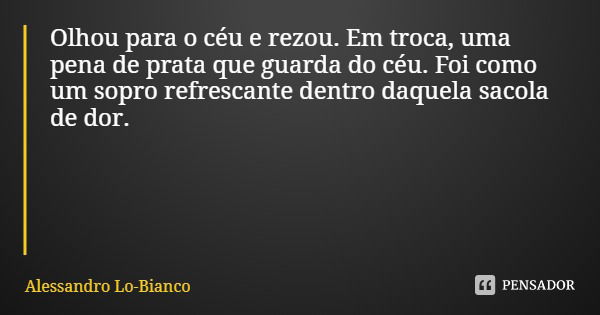 Olhou para o céu e rezou. Em troca, uma pena de prata que guarda do céu. Foi como um sopro refrescante dentro daquela sacola de dor.... Frase de Alessandro Lo-Bianco.