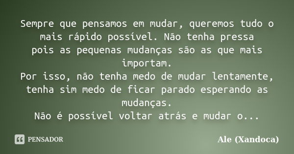 Sempre que pensamos em mudar, queremos tudo o mais rápido possível. Não tenha pressa pois as pequenas mudanças são as que mais importam. Por isso, não tenha med... Frase de Ale (Xandoca).