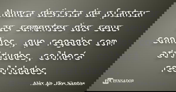 Nunca desista de plantar as sementes dos seus sonhos, que regados com atitudes, colherá realidades.... Frase de Alex Ap. Dos Santos.