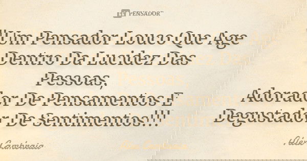 "Um Pensador Louco Que Age Dentro Da Lucidez Das Pessoas, Adorador De Pensamentos E Degustador De Sentimentos!!!... Frase de Alex Cambraia.