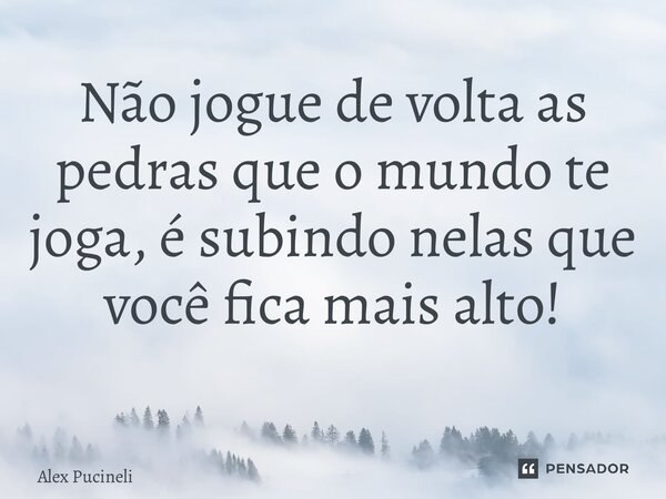 Não jogue de volta as pedras que o mundo te joga, é subindo nelas que você fica mais alto! ⁠... Frase de Alex Pucineli.