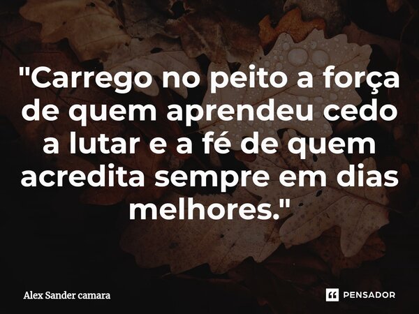 ⁠⁠"Carrego no peito a força de quem aprendeu cedo a lutar e a fé de quem acredita sempre em dias melhores."... Frase de Alex Sander camara.