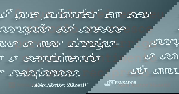 O que plantei em seu coração só cresce porque o meu irriga-o com o sentimento do amor recíproco.... Frase de Alex Sartor Mazetti.