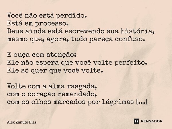 Você não está perdido. Está em processo. Deus ainda está escrevendo sua história, mesmo que, agora, tudo pareça confuso. E ouça com atenção: Ele não espera que ... Frase de Alex Zanute Dias.