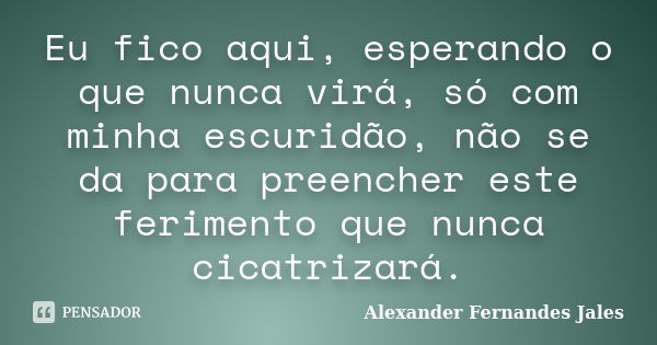 Eu fico aqui, esperando o que nunca virá, só com minha escuridão, não se da para preencher este ferimento que nunca cicatrizará.... Frase de Alexander Fernandes Jales.