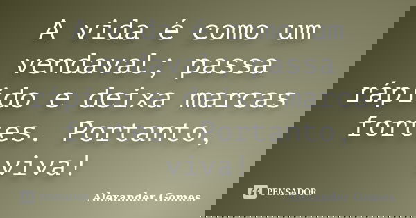 A vida é como um vendaval; passa rápido e deixa marcas fortes. Portanto, viva!... Frase de Alexander Gomes.