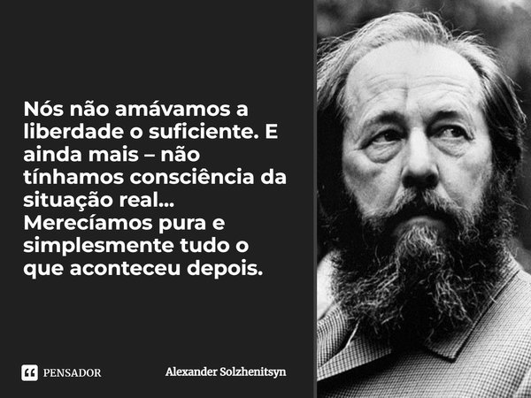 Nós não amávamos a liberdade o suficiente. E ainda mais – não tínhamos consciência da situação real... Merecíamos pura e simplesmente tudo o que aconteceu depoi... Frase de Alexander Solzhenitsyn.