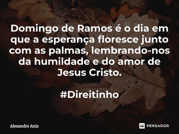 ⁠Domingo de Ramos é o dia em que a esperança floresce junto com as palmas, lembrando-nos da humildade e do amor de Jesus Cristo. #Direitinho... Frase de Alexandre Aniz.