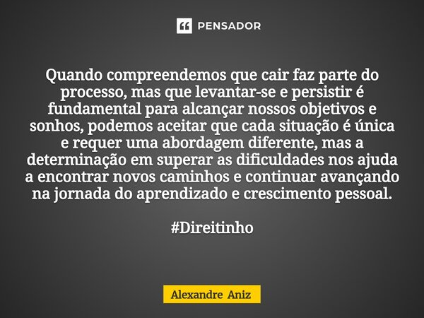 Quando compreendemos que cair faz parte do processo, mas que levantar-se e persistir é fundamental para alcançar nossos objetivos e sonhos, podemos aceitar que ... Frase de Alexandre Aniz.