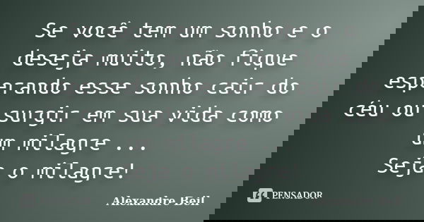 Se você tem um sonho e o deseja muito, não fique esperando esse sonho cair do céu ou surgir em sua vida como um milagre ... Seja o milagre!... Frase de Alexandre Beil.