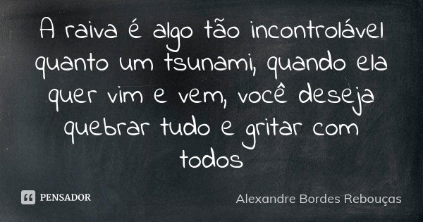 A raiva é algo tão incontrolável quanto um tsunami, quando ela quer vim e vem, você deseja quebrar tudo e gritar com todos... Frase de Alexandre Bordes Rebouças.