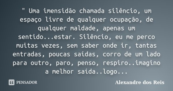 " Uma imensidão chamada silêncio, um espaço livre de qualquer ocupação, de qualquer maldade, apenas um sentido...estar. Silêncio, eu me perco muitas vezes,... Frase de Alexandre dos Reis.