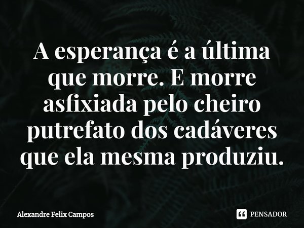 ⁠A esperança é a última que morre. E morre asfixiada pelo cheiro putrefato dos cadáveres que ela mesma produziu.... Frase de Alexandre Felix Campos.