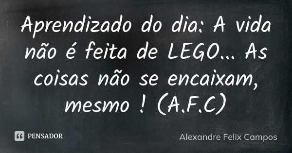 Aprendizado do dia: A vida não é feita de LEGO... As coisas não se encaixam, mesmo ! (A.F.C)... Frase de Alexandre Felix Campos.