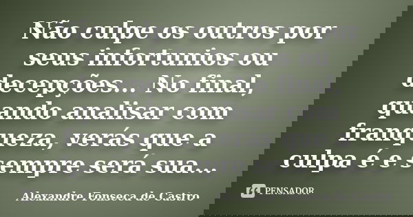Não culpe os outros por seus infortunios ou decepções... No final, quando analisar com franqueza, verás que a culpa é e sempre será sua...... Frase de Alexandre Fonseca de Castro.
