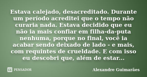 Estava calejado, desacreditado. Durante um período acreditei que o tempo não curaria nada. Estava decidido que eu não ia mais confiar em filha-da-puta nenhuma, ... Frase de Alexandre Guimarães.