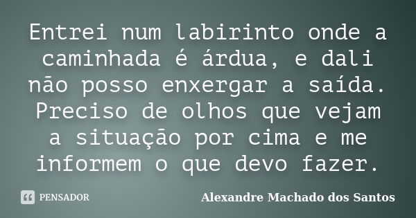 Entrei num labirinto onde a caminhada é árdua, e dali não posso enxergar a saída. Preciso de olhos que vejam a situação por cima e me informem o que devo fazer.... Frase de Alexandre Machado dos Santos.