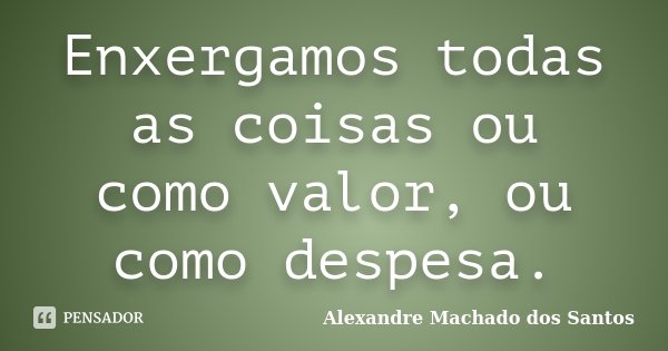 Enxergamos todas as coisas ou como valor, ou como despesa.... Frase de Alexandre Machado dos Santos.