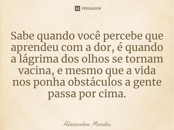 ⁠Sabe quando você percebe que aprendeu com a dor, é quando a lágrima dos olhos se tornam vacina, e mesmo que a vida nos ponha obstáculos a gente passa por cima.... Frase de Alexandre Mendes.