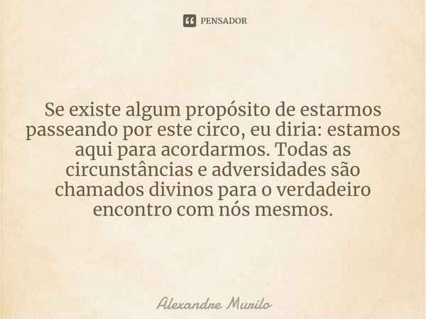 ⁠ Se existe algum propósito de estarmos passeando por este circo, eu diria: estamos aqui para acordarmos. Todas as circunstâncias e adversidades são chamados di... Frase de Alexandre Murilo.