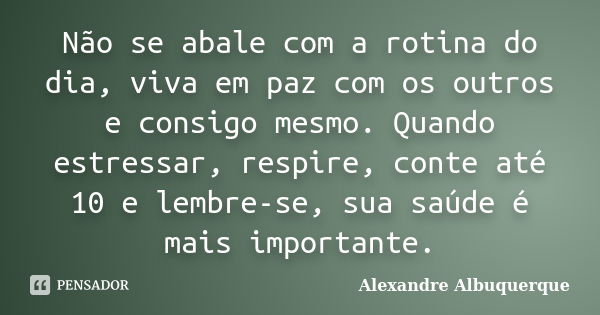 Não se abale com a rotina do dia, viva em paz com os outros e consigo mesmo. Quando estressar, respire, conte até 10 e lembre-se, sua saúde é mais importante.... Frase de Alexandre Albuquerque.