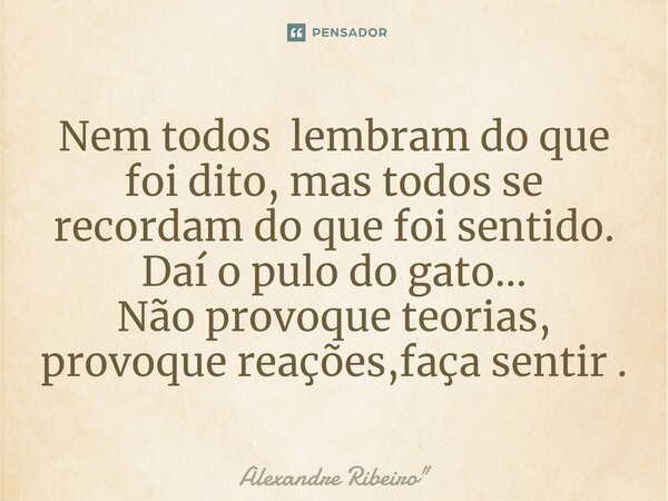 Nem todos lembram do que foi dito, mas todos se recordam do que foi sentido. Daí o pulo do gato... Não provoque teorias, provoque reações,faça sentir .... Frase de Alexandre Ribeiro