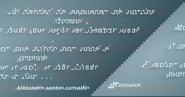 Já tentei te esquecer de varias formas , Mas tudo que vejo me lembra você , O amor que sinto por você é grande É maior que o sol, e tão lindo quanto a lua ...... Frase de Alexandre santos carvalho.