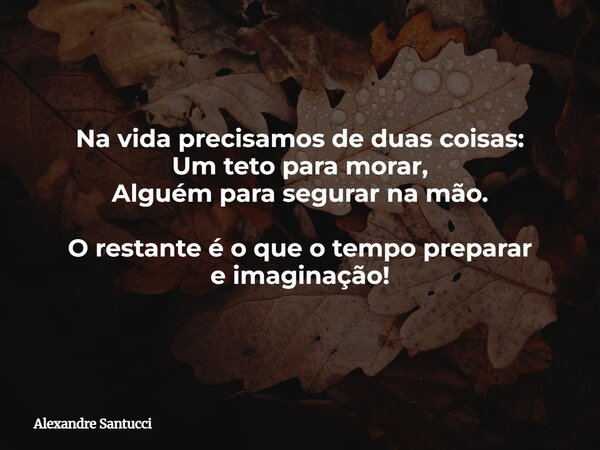 Na vida precisamos de duas coisas: Um teto para morar, Alguém para segurar na mão. O restante é o que o tempo preparar e imaginação!... Frase de Alexandre Santucci.