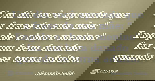 Um dia você aprende que a frase da sua mãe: " Engole o choro menino" faz um bem danado quando se torna adulto.... Frase de Alexandre Sebin.