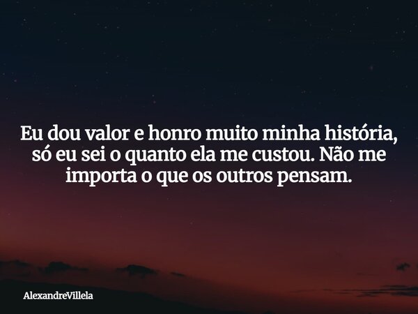Eu dou valor e honro muito minha história, só eu sei o quanto ela me custou. Não me importa o que os outros pensam.... Frase de AlexandreVillela.