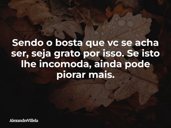 Sendo o bosta que vc se acha ser, seja grato por isso. Se isto lhe incomoda, ainda pode piorar mais.... Frase de AlexandreVillela.