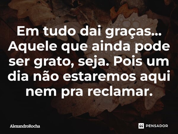 Em tudo dai graças... Aquele que ainda pode ser grato, seja. Pois um dia não estaremos aqui nem pra reclamar.... Frase de AlexandroRocha.
