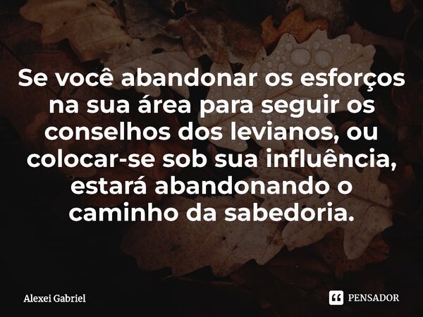 ⁠Se você abandonar os esforços na sua área para seguir os conselhos dos levianos, ou colocar-se sob sua influência, estará abandonando o caminho da sabedoria.... Frase de Alexei Gabriel.