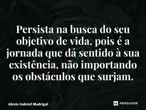 ⁠Persista na busca do seu objetivo de vida, pois é a jornada que dá sentido à sua existência, não importando os obstáculos que surjam.... Frase de Alexis Gabriel Madrigal.