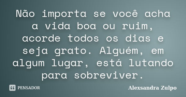 Não importa se você acha a vida boa ou ruim, acorde todos os dias e seja grato. Alguém, em algum lugar, está lutando para sobreviver.... Frase de Alexsandra Zulpo.