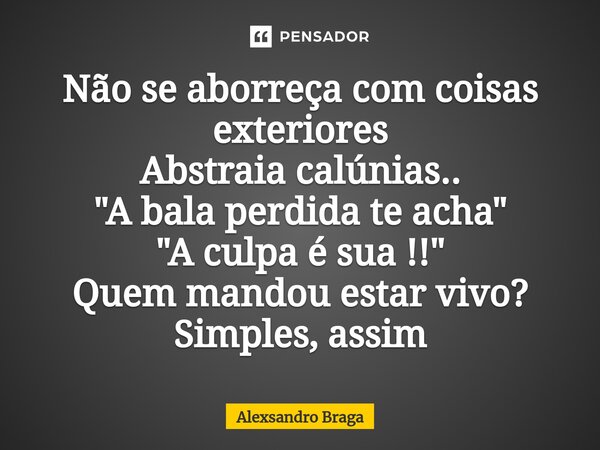 Não se aborreça com coisas exterior⁠es Abstraia calúnias.. "A bala perdida te acha" "A culpa é sua !!" Quem mandou estar vivo? Simples, assi... Frase de Alexsandro Braga.