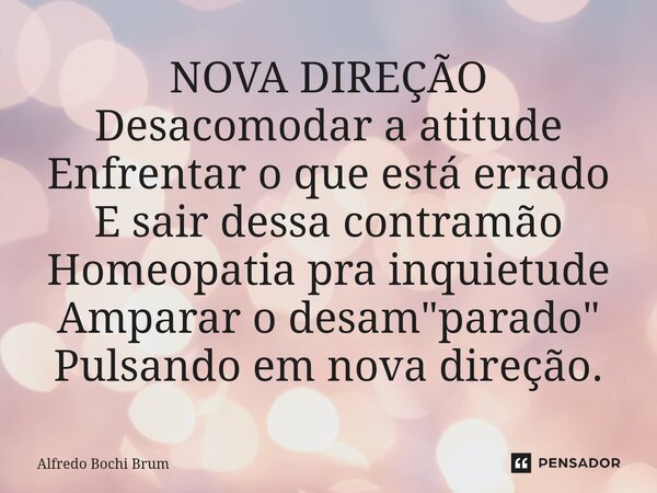 ⁠NOVA DIREÇÃO Desacomodar a atitude Enfrentar o que está errado E sair dessa contramão Homeopatia pra inquietude Amparar o desam"parado" Pulsando em n... Frase de Alfredo Bochi Brum.