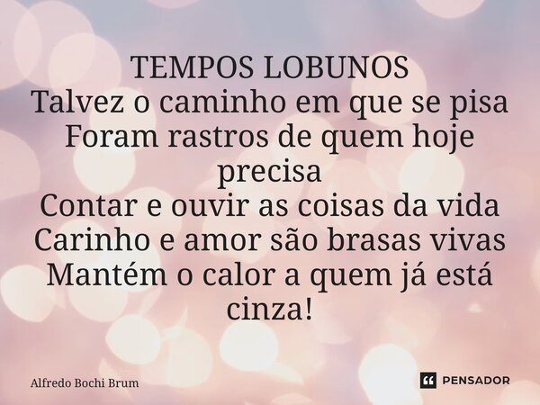 ⁠TEMPOS LOBUNOS Talvez o caminho em que se pisa Foram rastros de quem hoje precisa Contar e ouvir as coisas da vida Carinho e amor são brasas vivas Mantém o cal... Frase de Alfredo Bochi Brum.