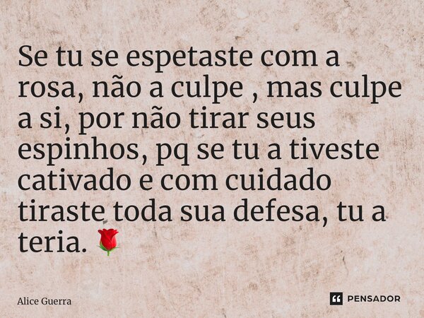 ⁠Se tu se espetaste com a rosa, não a culpe , mas culpe a si, por não tirar seus espinhos, pq se tu a tiveste cativado e com cuidado tiraste toda sua defesa, tu... Frase de Alice Guerra.