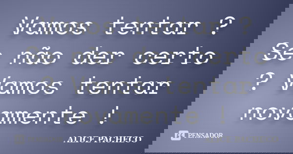 Vamos tentar ? Se não der certo ? Vamos tentar novamente !... Frase de Alice Pacheco.