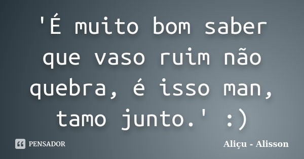 'É muito bom saber que vaso ruim não quebra, é isso man, tamo junto.' :)... Frase de Aliçu - Alisson.