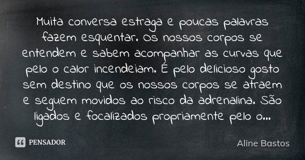 Muita conversa estraga e poucas palavras fazem esquentar. Os nossos corpos se entendem e sabem acompanhar as curvas que pelo o calor incendeiam. É pelo delicios... Frase de Aline Bastos.