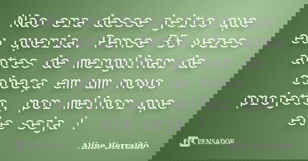 Não era desse jeito que eu queria. Pense 35 vezes antes de mergulhar de cabeça em um novo projeto, por melhor que ele seja !... Frase de Aline Berraldo.