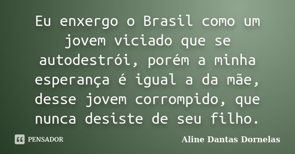 Eu enxergo o Brasil como um jovem viciado que se autodestrói, porém a minha esperança é igual a da mãe, desse jovem corrompido, que nunca desiste de seu filho.... Frase de Aline Dantas Dornelas.