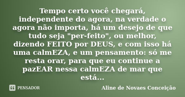 Tempo certo você chegará, independente do agora, na verdade o agora não importa, há um desejo de que tudo seja "per-feito", ou melhor, dizendo FEITO p... Frase de Aline de Novaes Conceição.